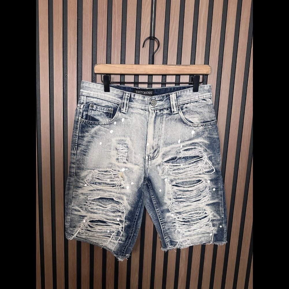 Victorious Jean Shorts 30 Mens Blue Acid Wash Denim Paint Spatter